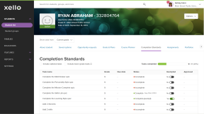 Educator account in Xello. A student's profile is open to the Completion Standards tab with the student's assigned tasks. A progress bar indicates that a few tasks are completed